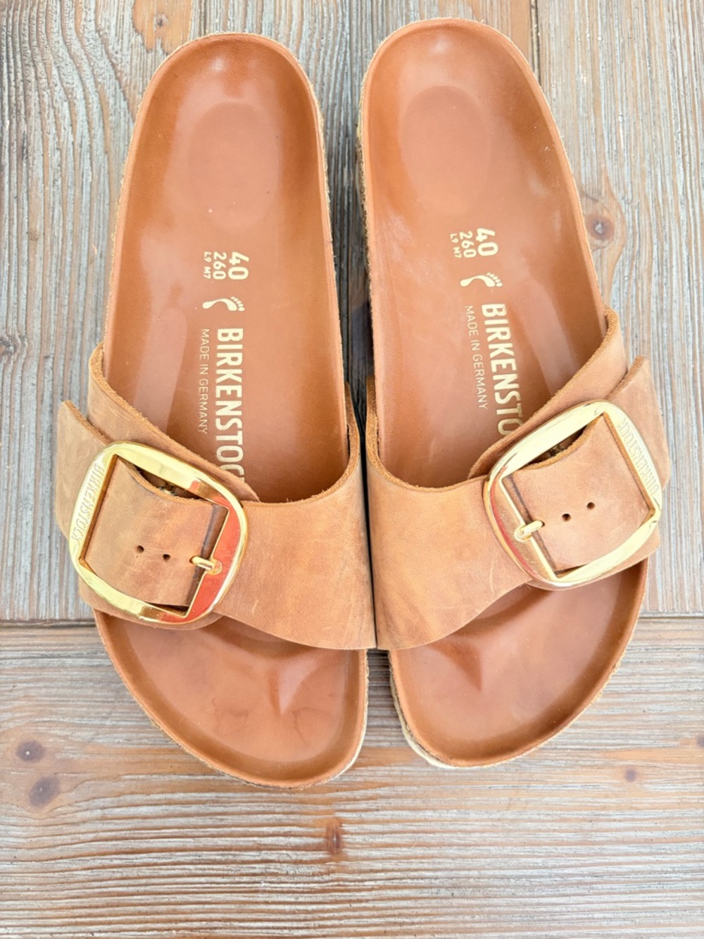 Birkenstock Tan Leather Slip-Ons with Gold Buckles - Madrid Big Buckle